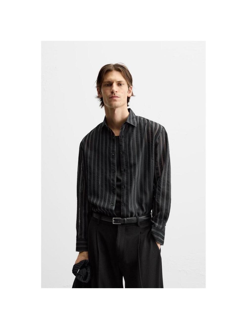 ZARA NWT MENS STRIPED TRANSLUCENT LONG SLEEVE SHIRT IN BLACK-SIZE XL